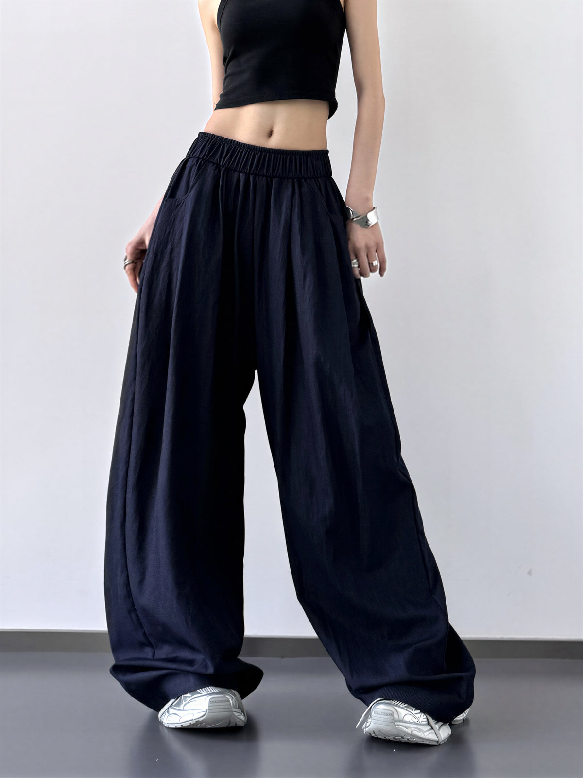 S-XL ウエストゴム ハイウエスト ギャザーワイドパンツ
