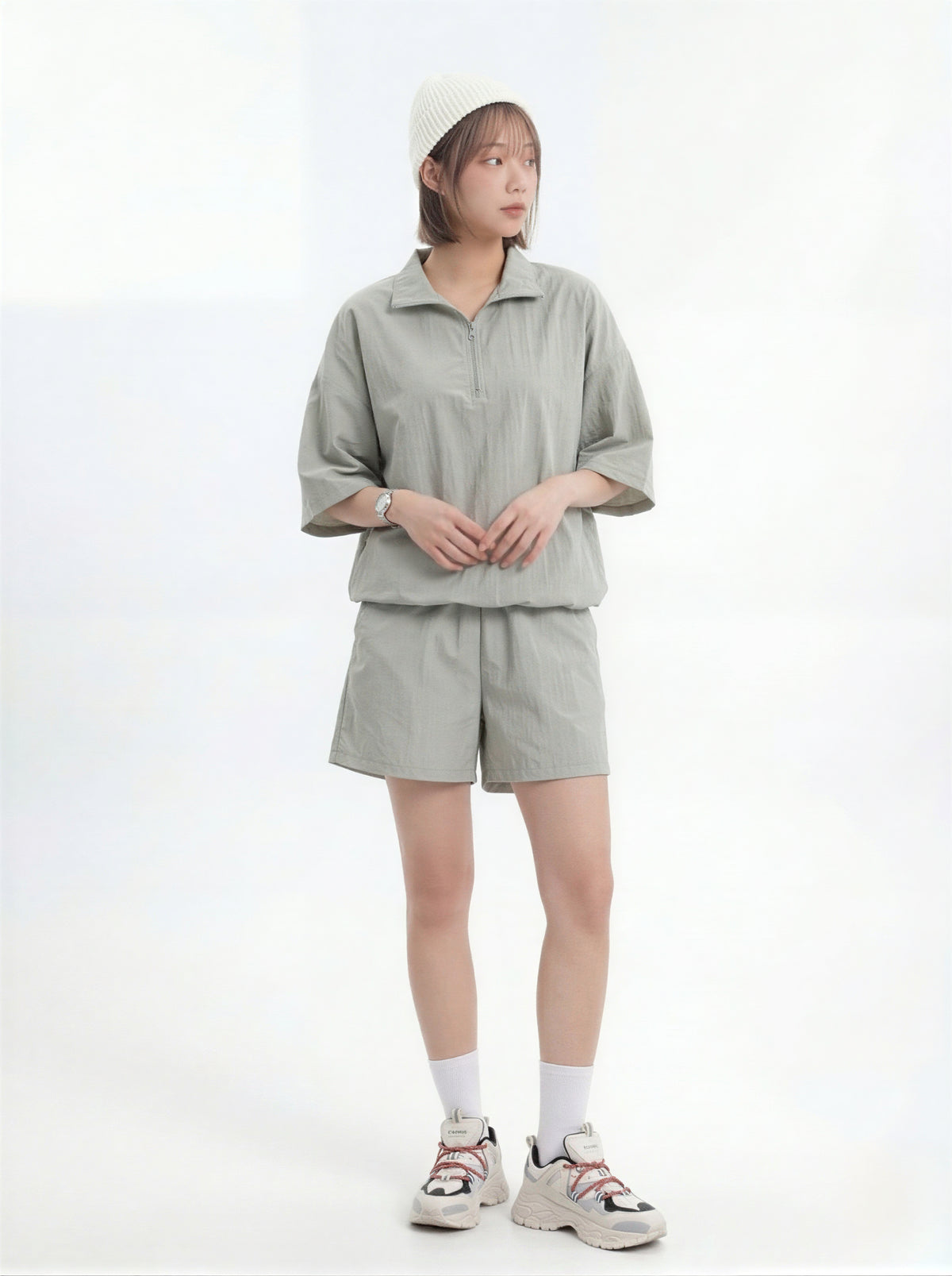 ハーフジップ 襟付き ルーズPOLOシャツ＆ショートパンツ 2点セット