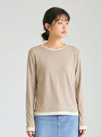 【秋新作】ラウンドネック レイヤード風 スリム見え フェイクツーピースTシャツ