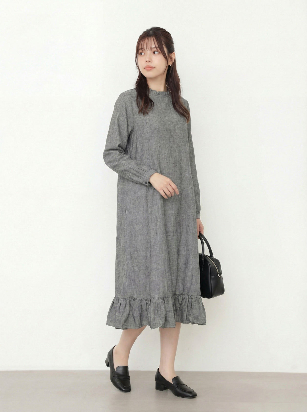 スタンドカラー×メローフリル ゆったりAライン フリルヘム 長袖ミモレ丈ワンピース-グレー チェック柄-2XL