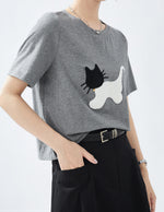 コットン素材、ネコ！子猫刺繍半袖Tシャツデザイン感ゆったりトップス