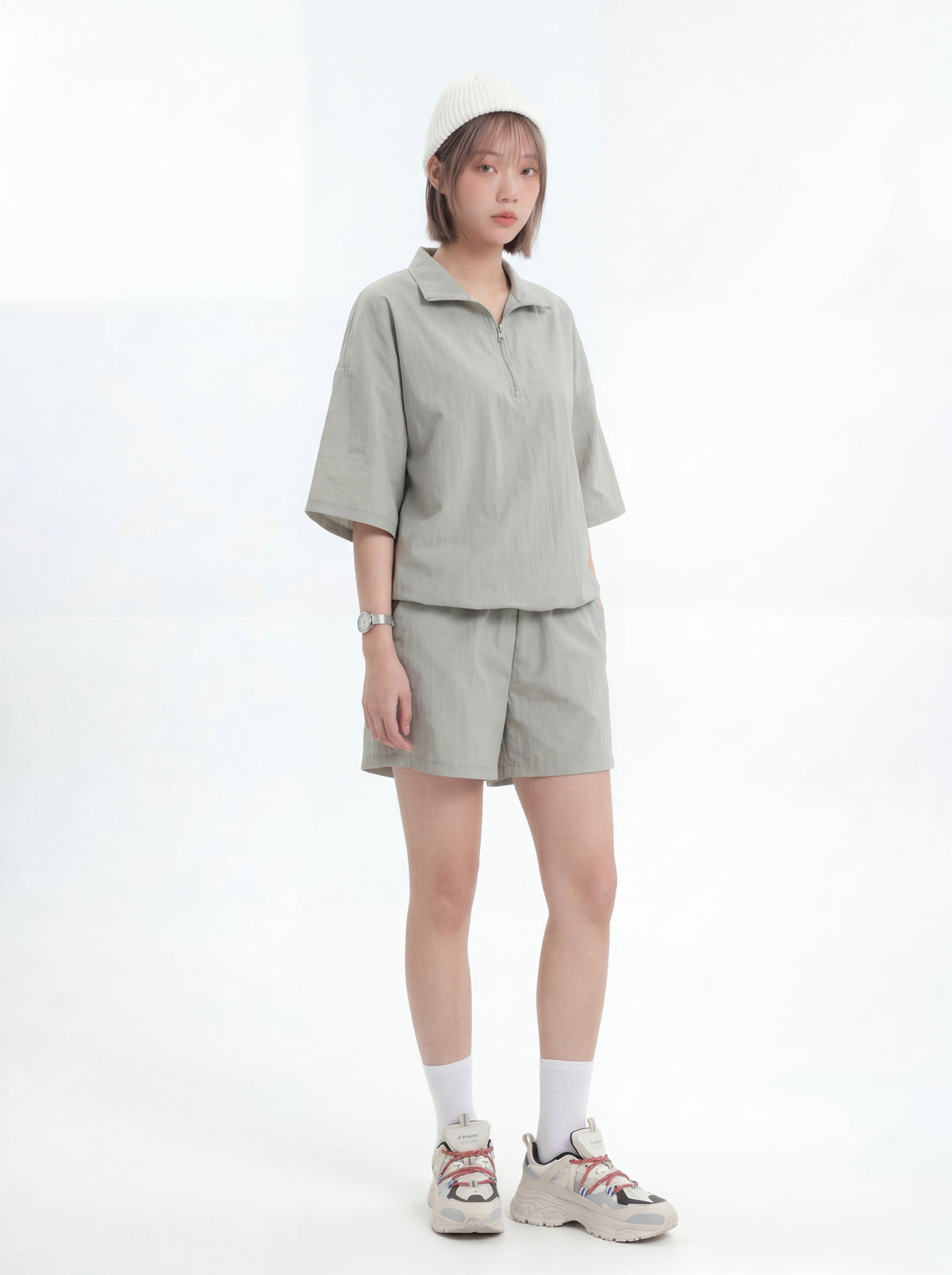 ハーフジップ 襟付き ルーズPOLOシャツ＆ショートパンツ 2点セット-アッシュグレー-3XL