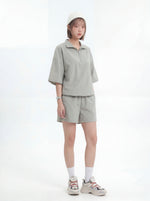 ハーフジップ 襟付き ルーズPOLOシャツ＆ショートパンツ 2点セット-アッシュグレー-3XL