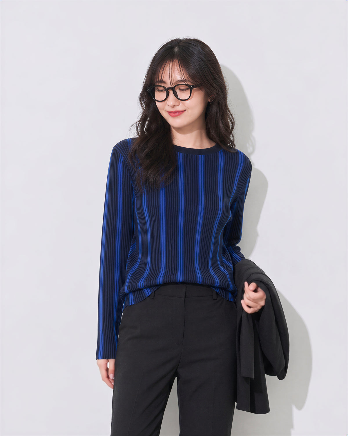 【秋新作】S~XL スリムフィット 縦ストライプ クルーネックニット
