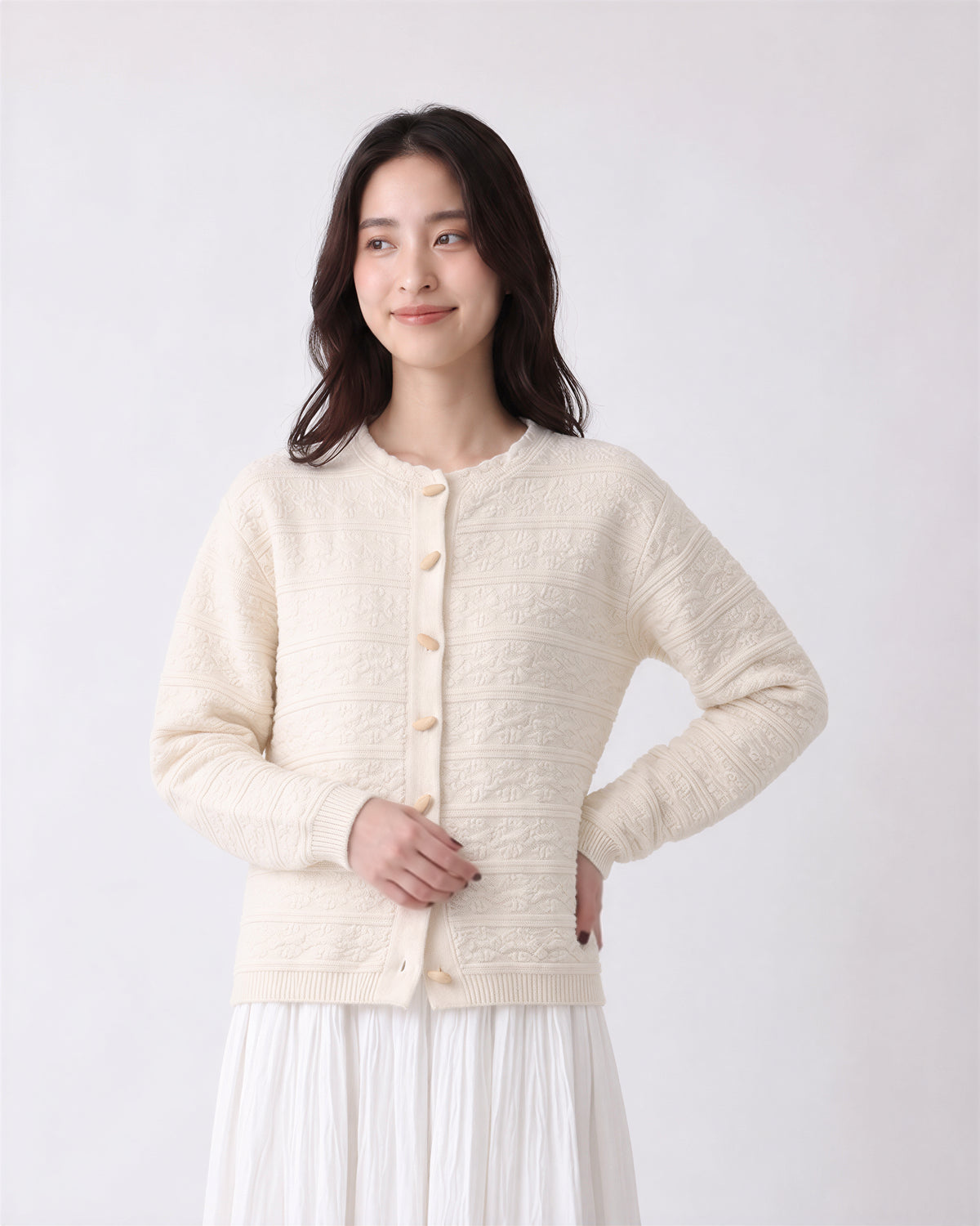 S~XL 立体感のあるテクスチャー クルーネック ショート丈ニットカーディガン