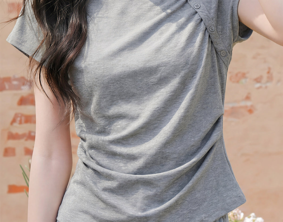 アシンメトリーネック ギャザー ボタン切替Tシャツ