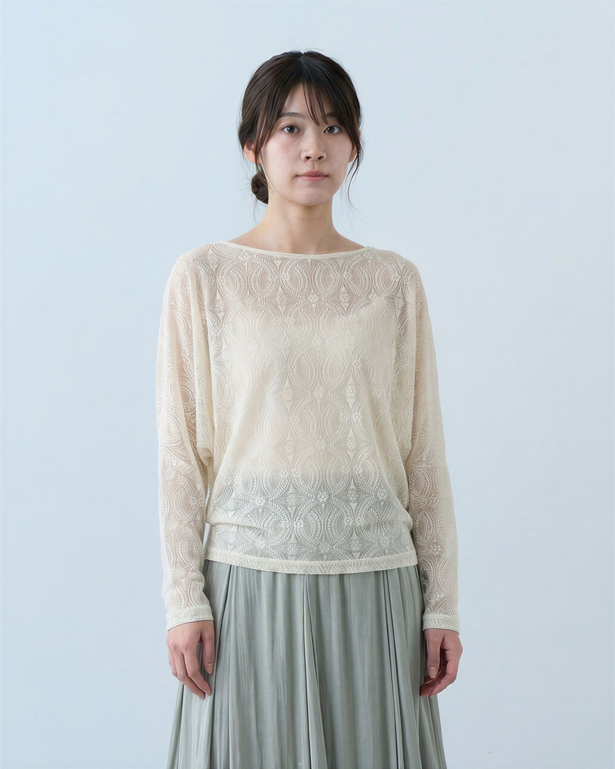 オートミールカラー ジャカード 透け感 ドルマンスリーブ 長袖Tシャツ