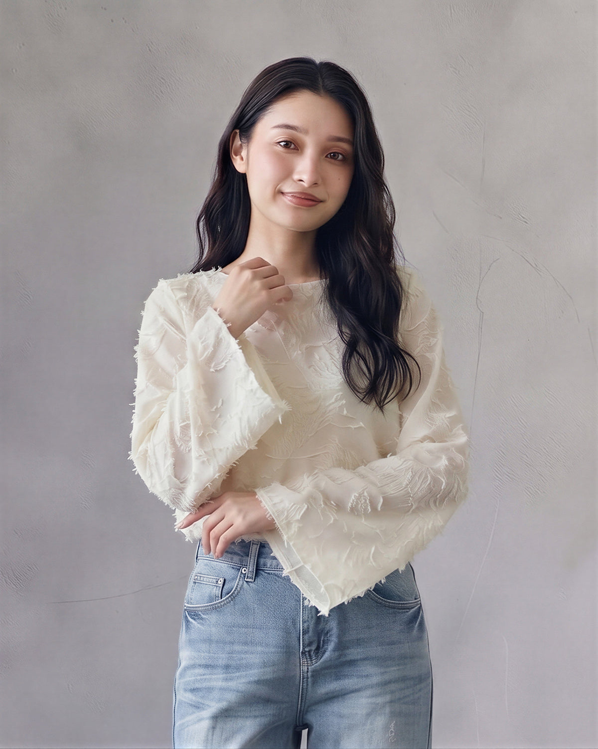 立体ジャカード 透け感ワイドスリーブ シフォンシャツ