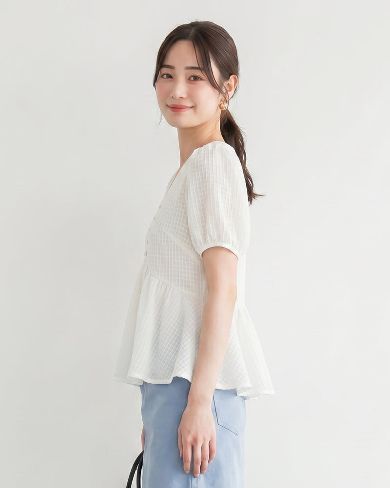 Vネック ウエストシェイプ パフスリーブ シフォンブラウス