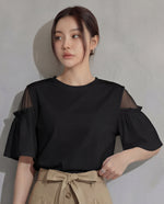 オフショルダー切替 フリルスリーブ ゆったり半袖Tシャツ-ブラック-2XL