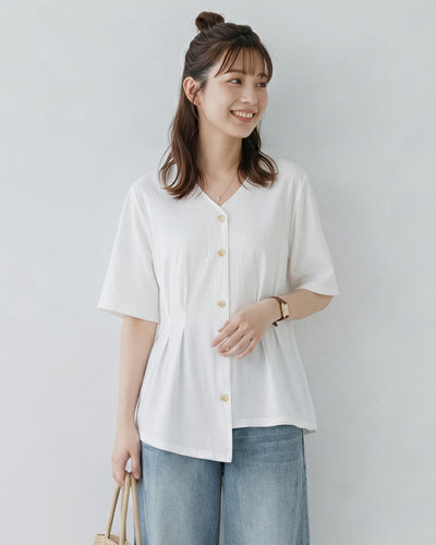 Vネック ギャザー入り ゆったりTシャツ