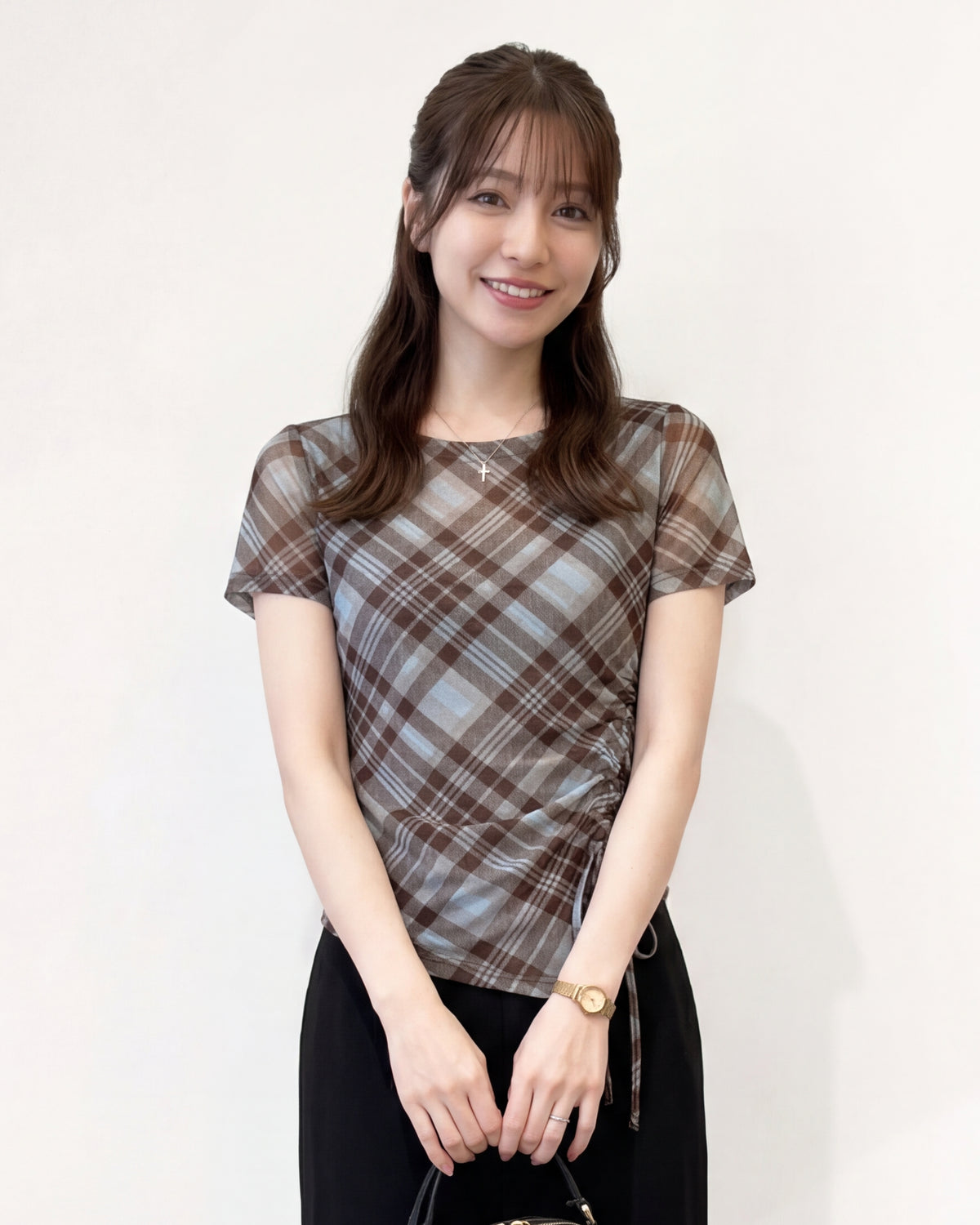 斜めチェック柄 アシンメトリーヘム ドロストウエスト 半袖Tシャツ