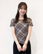 斜めチェック柄 アシンメトリーヘム ドロストウエスト 半袖Tシャツ