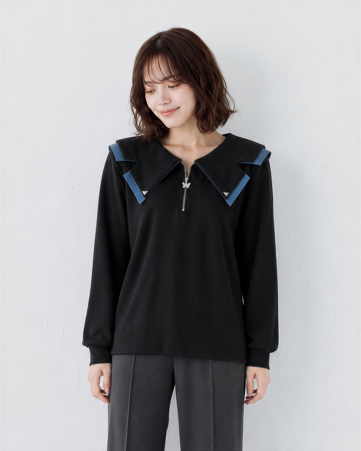 M~4XL ジップVネック フリル フェイクレイヤード スウェット