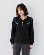 M~4XL ジップVネック フリル フェイクレイヤード スウェット