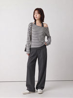 【全2色】S~XL アシンメトリーショルダー 肌見せ ボーダー フェイクレイヤードTシャツ