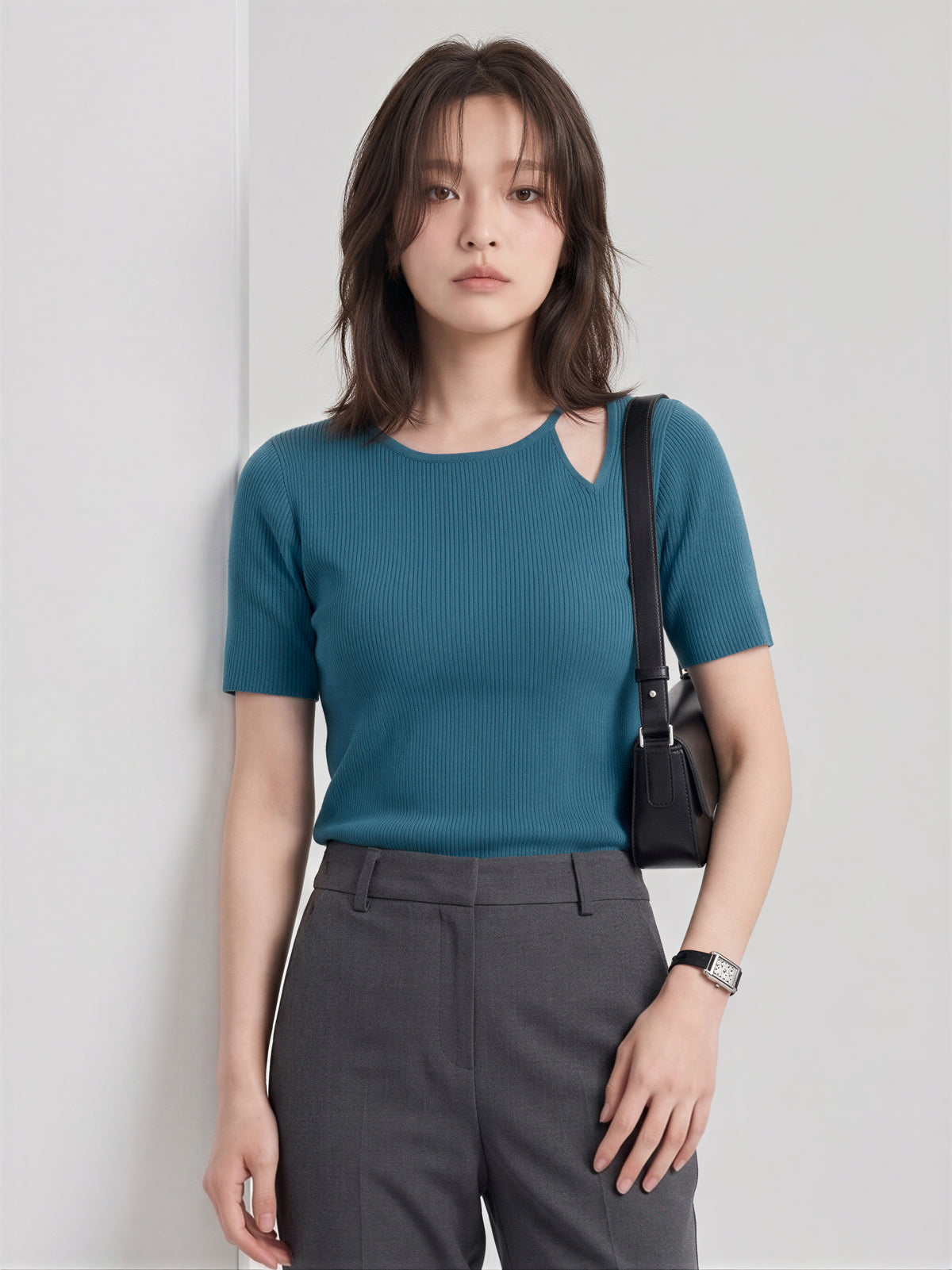 アシンメトリーショルダーカット タイトニットトップス-ブルー-L