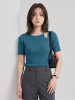 アシンメトリーショルダーカット タイトニットトップス-ブルー-L