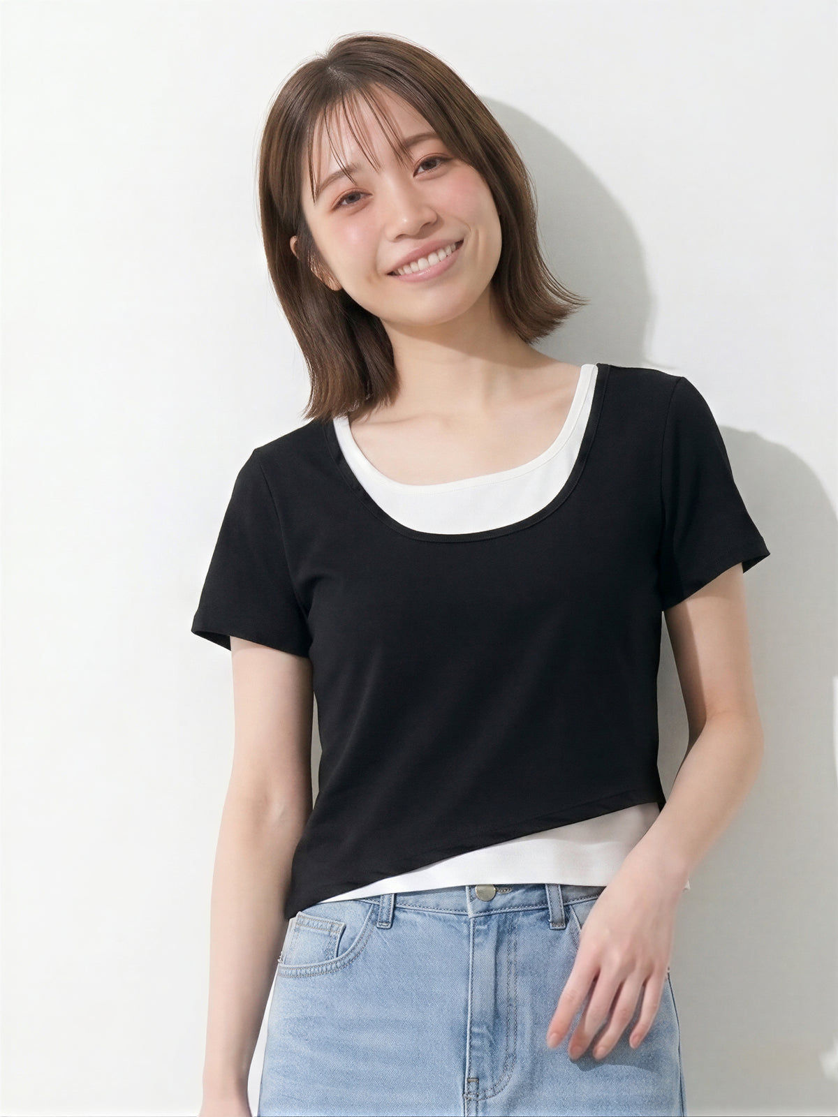 配色切り替え スリム見え フェイクレイヤード 半袖Tシャツ