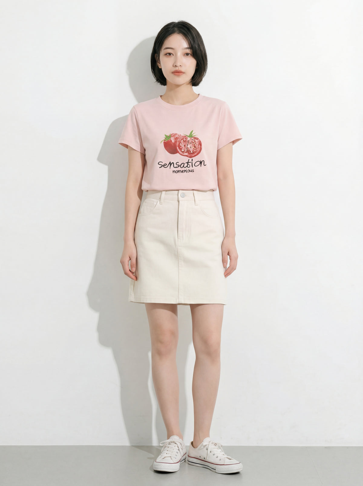 ライトピンク フルーツプリント クルーネック半袖Tシャツ