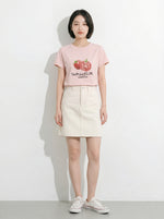 ライトピンク フルーツプリント クルーネック半袖Tシャツ