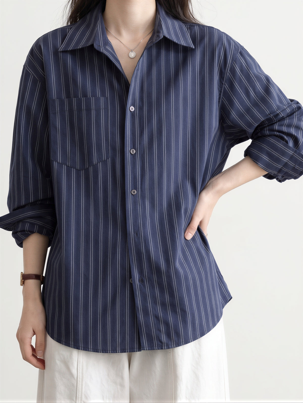 ゆったりストライプ切り替えポケットシャツ-ダークブルー-XL