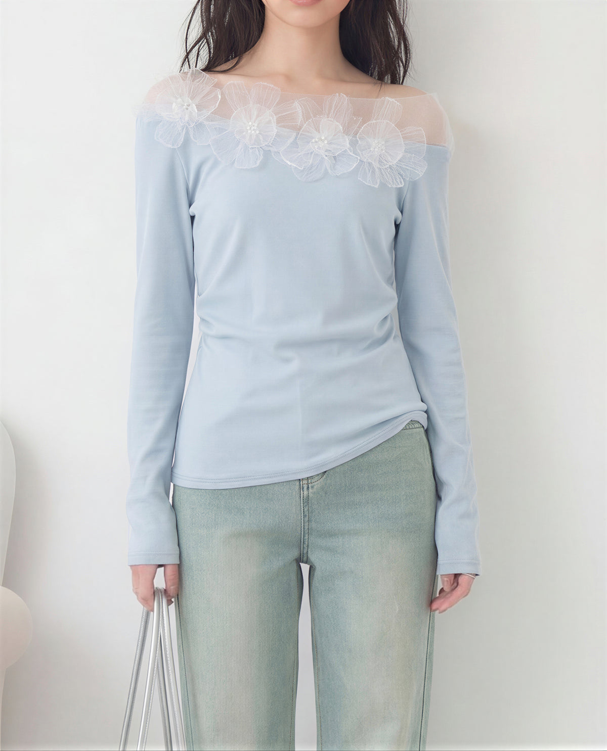 オフショルダー 透けチュール切替 立体フラワー 長袖Tシャツ