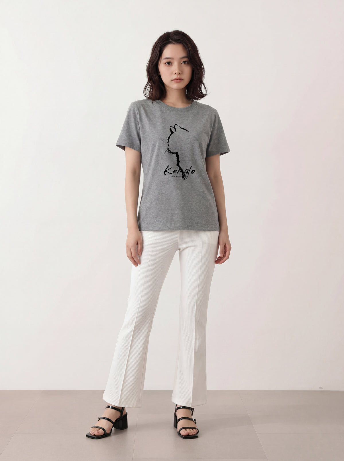グレー ゆったりドロップショルダー アニマル線画プリント 半袖Tシャツ