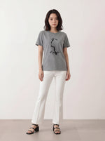 グレー ゆったりドロップショルダー アニマル線画プリント 半袖Tシャツ