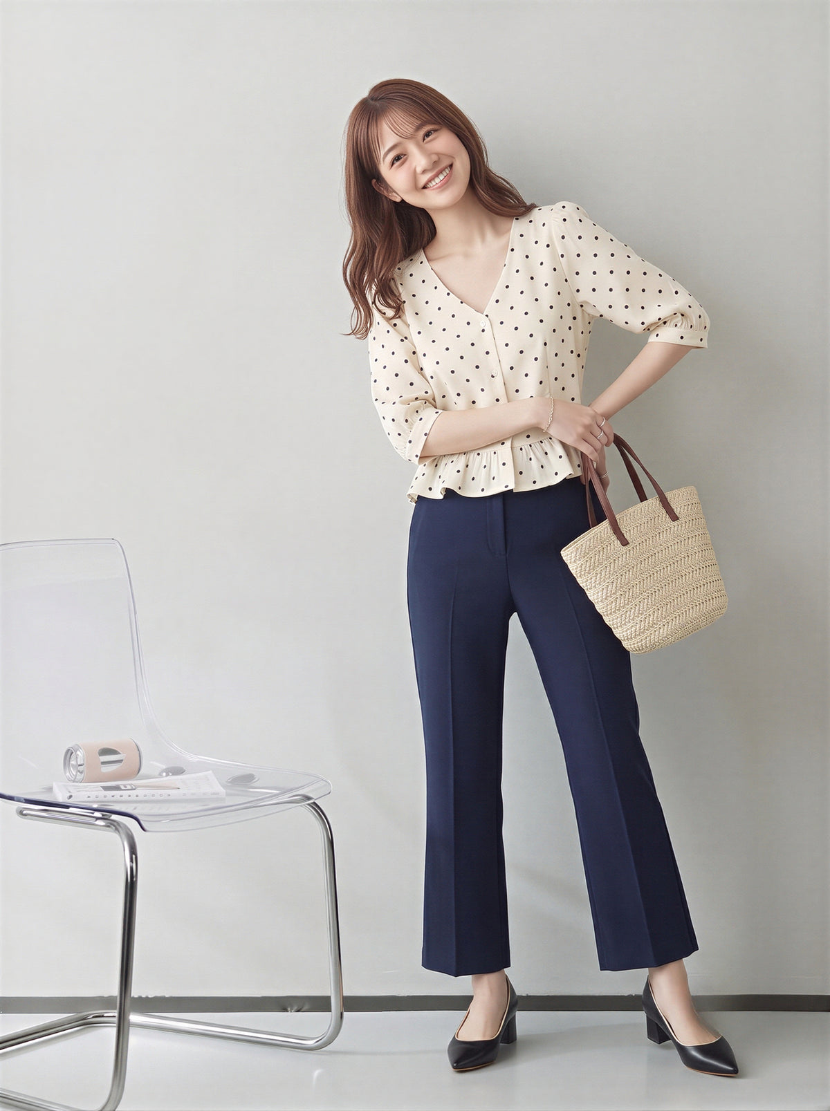 M-2XL 柔らか綿素材 | Vネック ドット柄 ウエストシェイプ 半袖ブラウス