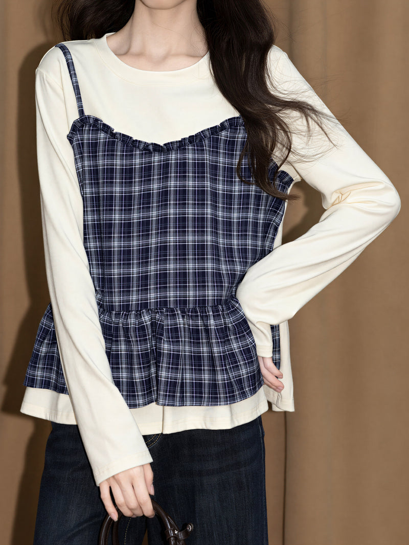 チェック柄キャミ重ね着風 フリルヘム レイヤード風 長袖Tシャツ
