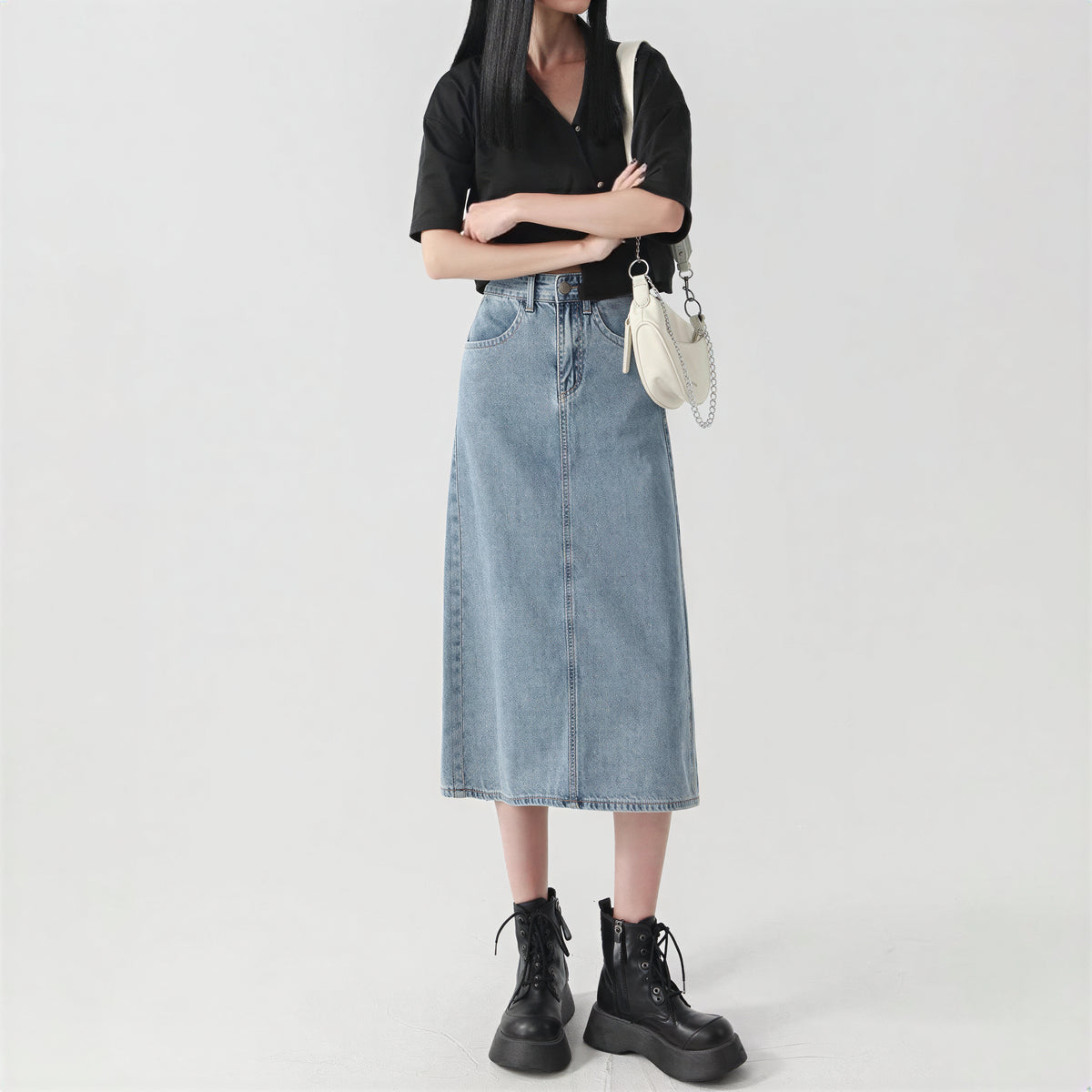 ハイウエスト ストレート スリット デニムスカート