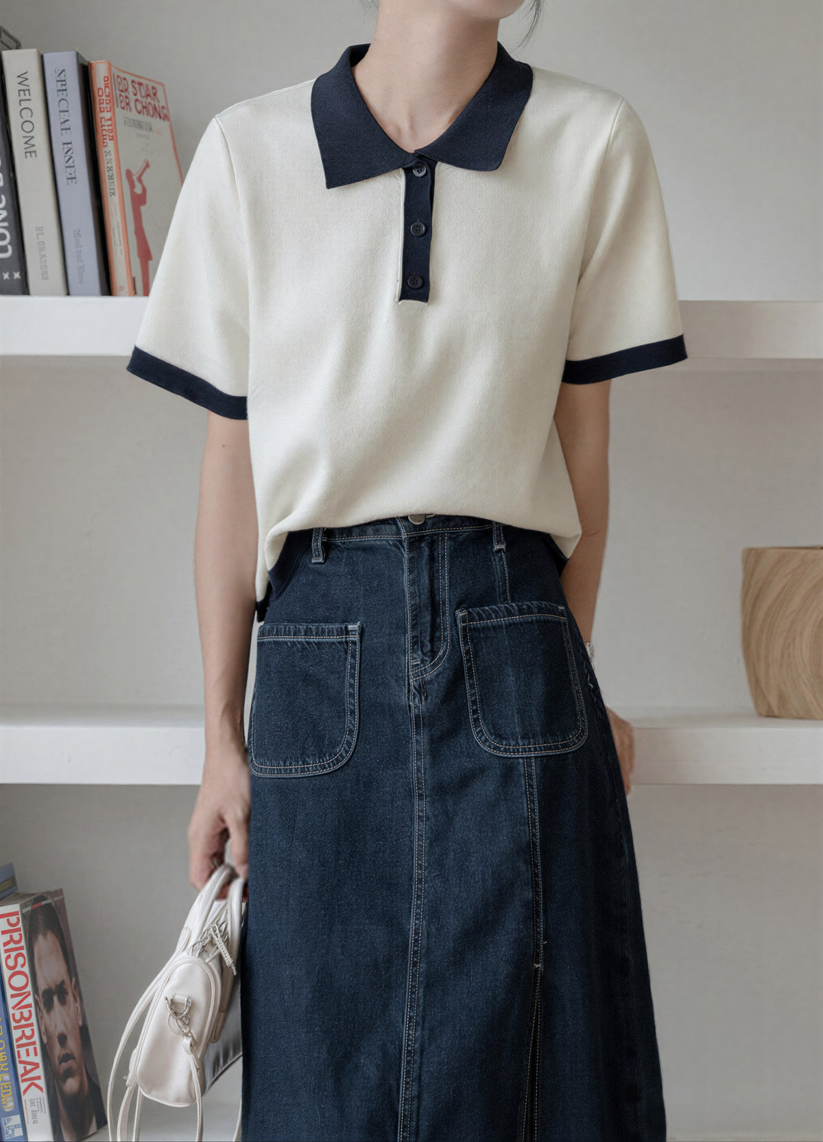 配色POLO襟ショート丈ニットトップス
