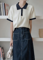 配色POLO襟ショート丈ニットトップス