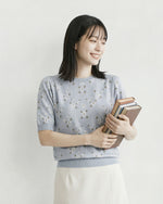 小花柄ジャカード パフスリーブ ニットトップス-サックス-XL