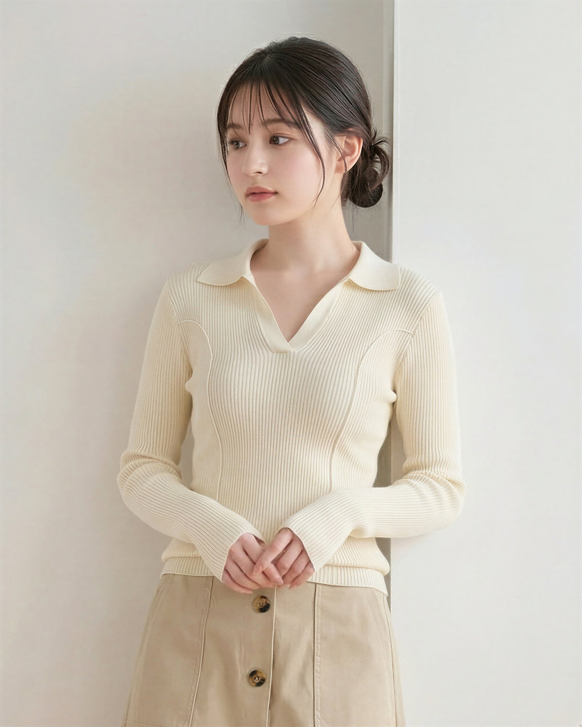 襟付きVネック リブ編み フィットニット-ベージュ-XL
