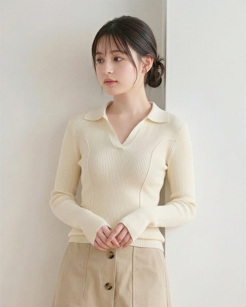 襟付きVネック リブ編み フィットニット-ベージュ-XL