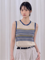 配色ボーダー 透かし編みニットベスト-ライトベージュ X ネイビー-XL