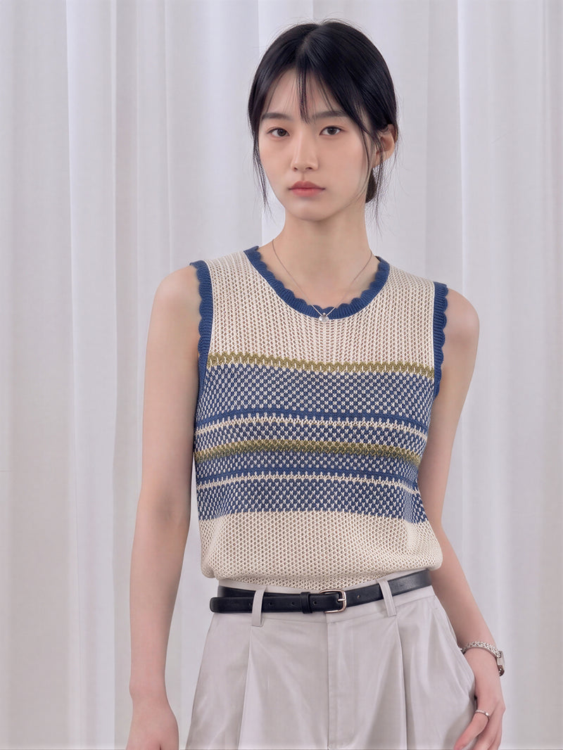 配色ボーダー 透かし編みニットベスト-ライトベージュ X ネイビー-XL