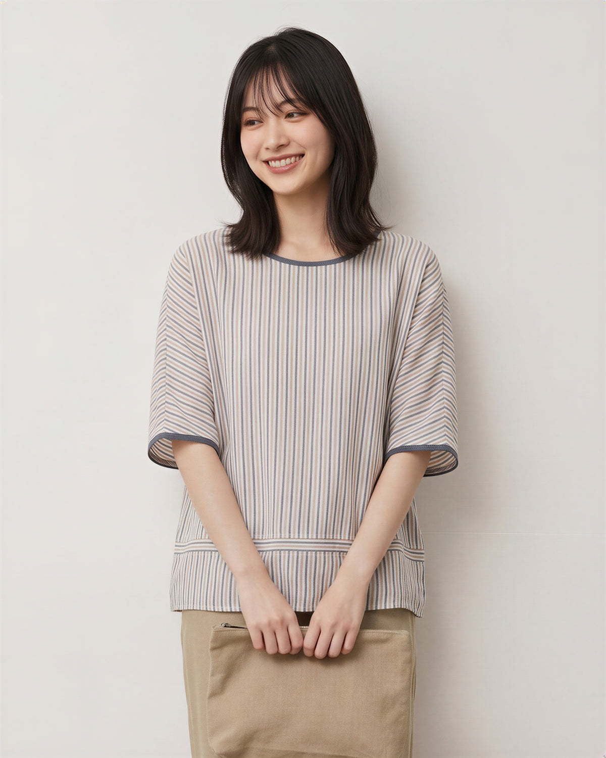 M~2XL 細ストライプ ゆったり クルーネックTシャツ