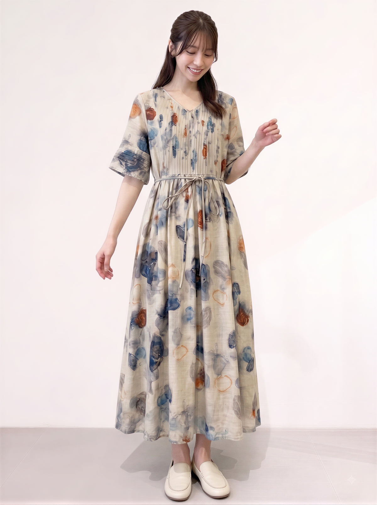 M~2XL ライトベージュ Vネック ウエストリボン 花柄ロングワンピース