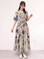M~2XL ライトベージュ Vネック ウエストリボン 花柄ロングワンピース