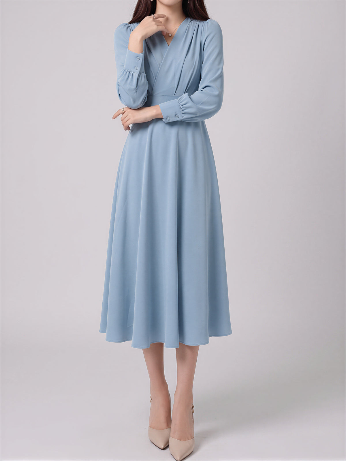 Vネックタックハイウエストワンピース-サックス-XL