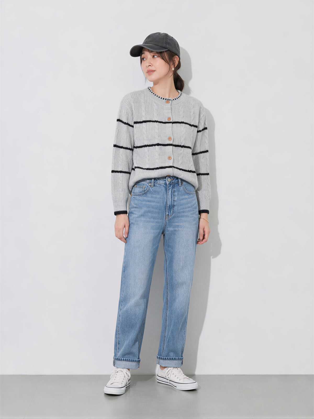 S~XL ラウンドネック ボーダーニットカーディガン