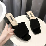 ニット調テクスチャ スクエアトゥ チャンキーヒール レディース ミュールサンダル