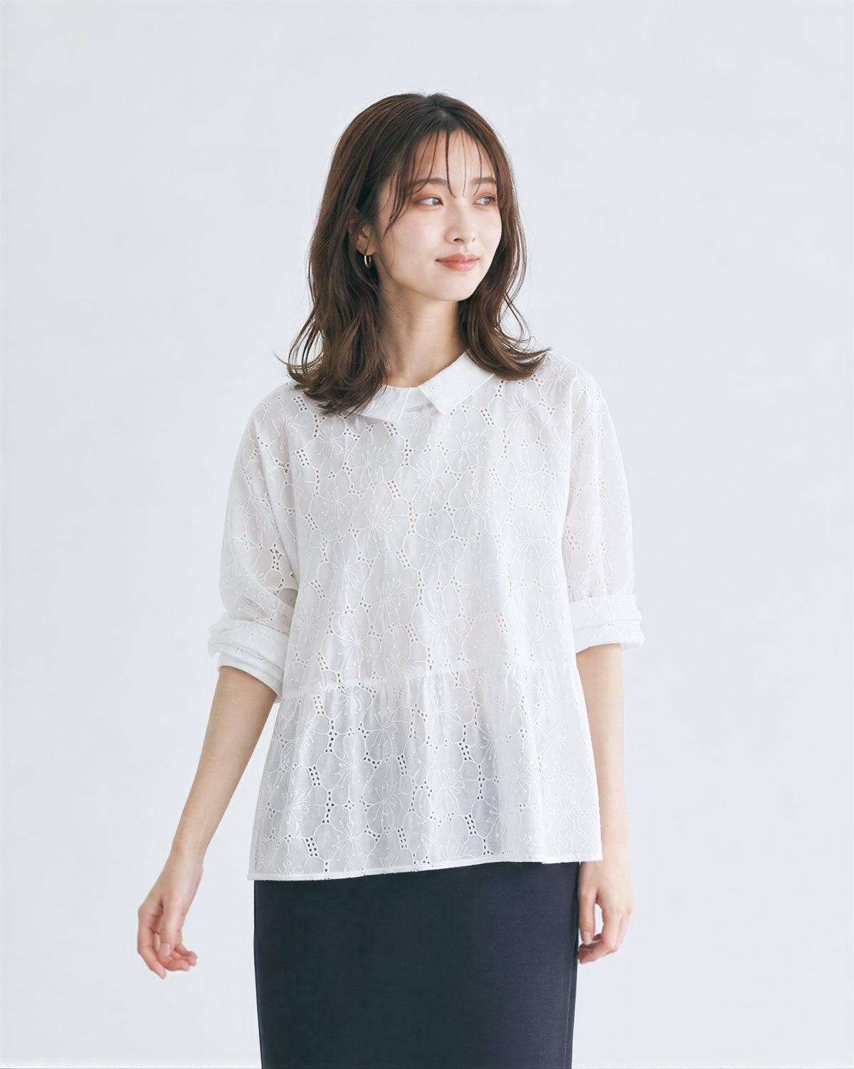 M~2XL ホワイト 透かし柄 襟付き ゆったり長袖シャツ