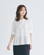 M~2XL ホワイト 透かし柄 襟付き ゆったり長袖シャツ
