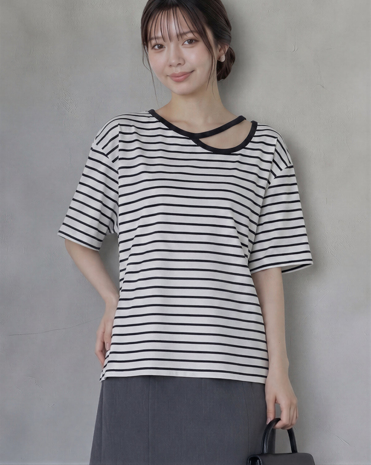配色フェイクレイヤードボーダーTシャツ-ホワイト-4XL