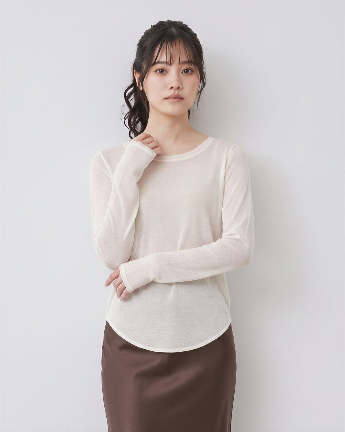 ラウンドネック スリムフィット インナー 長袖Tシャツ-ベージュ-2XL