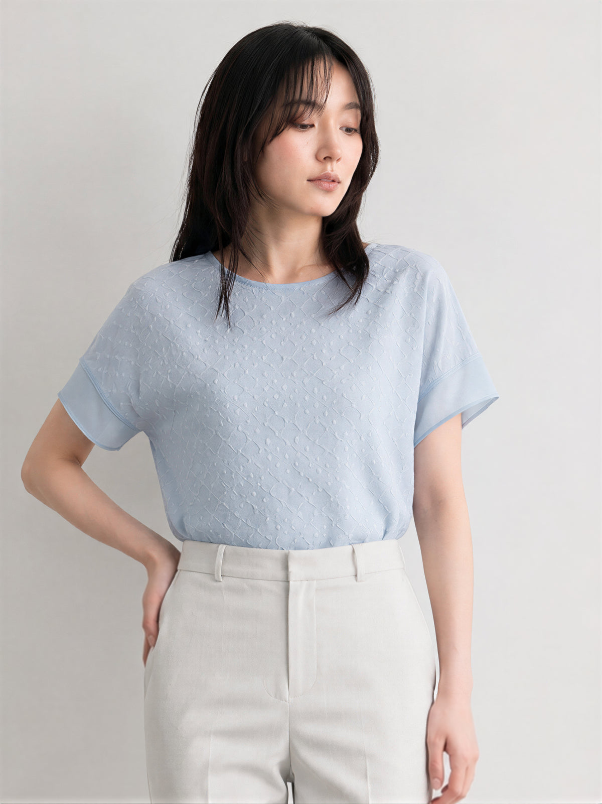 ジャカード クルーネック ゆったり シフォンブラウス